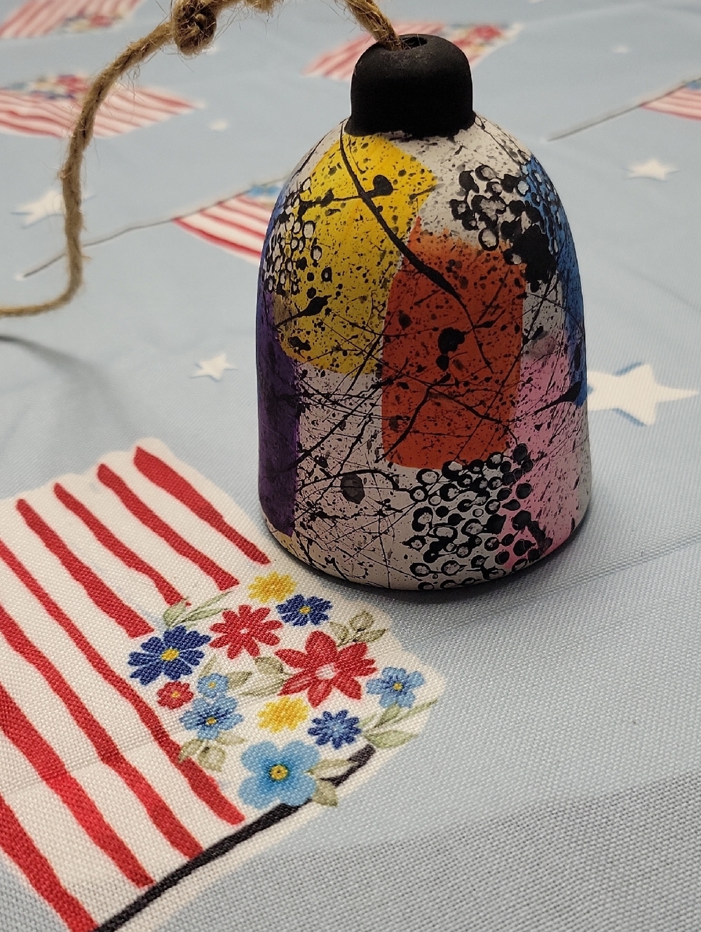 Hand-Painted Ceramic Bell Ornament in Multicolor Abstract Design